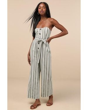 Lulus Sunny Day Classic Sage And Striped Strapless Jumpsuit - Natural