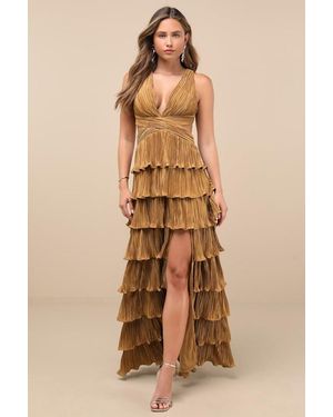 Lulus Beauty Icon Satin Pleated Tiered Lace-Up Maxi Dress - Natural