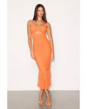 Lulus Aelara Mesh Ruched Trumpet Midi Dress - Orange