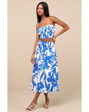 Lulus Luana And Floral High-Rise Midi Skirt - Blue