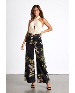 Lulus Thriving Vibes Multi Floral Print Satin Wide-Leg Pants - White