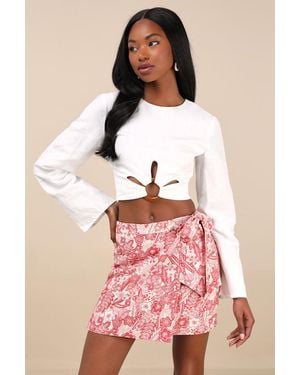 Lulus Kieu Floral Print Faux-Wrap Mini Skirt - Blue