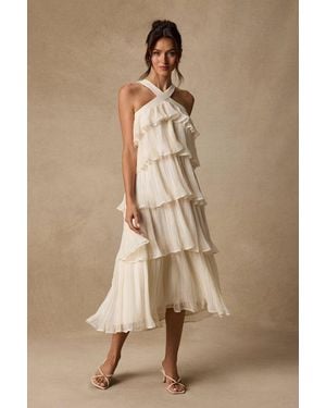 Lulus Lauretta Plisse Tiered Midi Dress - Natural