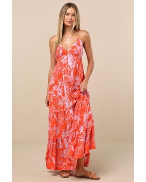 Roxy Warm Rays Tropical Print Tiered Tie-Back Maxi Dress