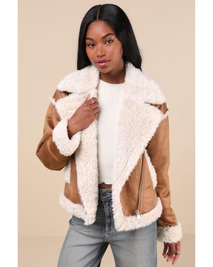 NVLT Cosy Allover Vegan Leather Shearling Trim Moto Jacket - Natural