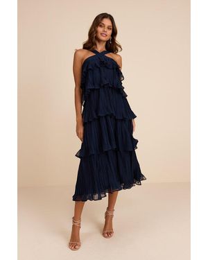 Lulus Lauretta Plisse Tiered Midi Dress - Blue