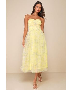 Lulus Perfect Whimsy Floral Mesh Strapless Midi Dress - Yellow