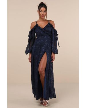 Lulus Pleasant Aura Floral Burnout Cold-Shoulder Maxi Dress - Blue