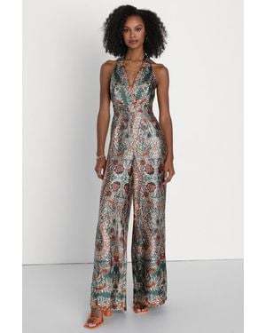 Lulus Divine Wanderings Scarf Print Satin Wide-Leg Jumpsuit - White