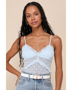 Lulus Exceedingly Flirty Lace Sheer Sleeveless Bodysuit - Blue