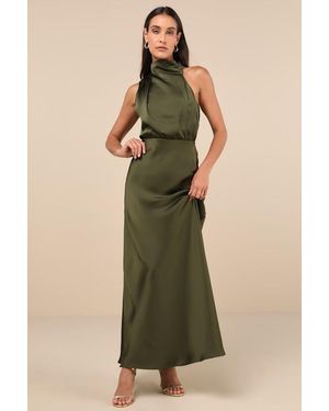Lulus Distinctive Charm Satin Asymmetrical Maxi Dress - Green