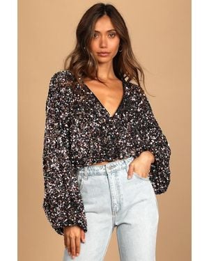 Lulus Keep Dazzling Multi Sequin Long Sleeve Crop Top - Pink
