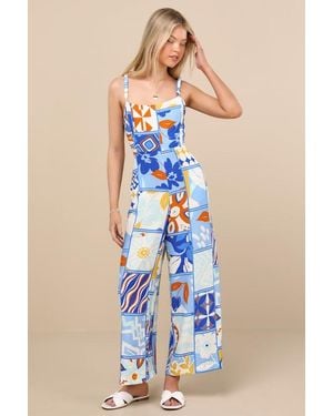 Lulus Bold Extravagance Multi Print Sleeveless Wide-Leg Jumpsuit - Blue