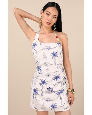 Lulus Inina Ivory And Print Asymmetrical Halter Mini Dress - Multicolour
