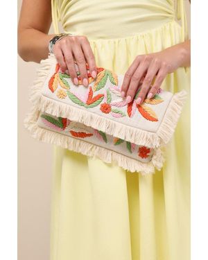 Lulus Bizenta Cream Floral Embroidered Fringe Clutch - White