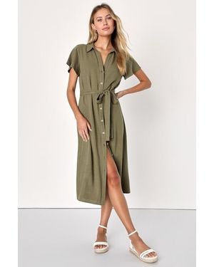 Lulus Italian Summer Linen Button-Up Short Sleeve Dress - Green