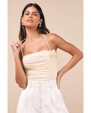 Lulus Elyas Cream Mesh Ruched Rosette Backless Bodysuit - Natural