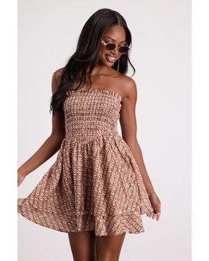 Lulus Carson Geometric Print Smocked Mini Dress - Brown