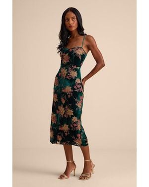 Lulus Erisa Emerald Velvet Floral Burnout Midi Dress - Natural
