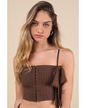 ZEMETA My Bow Pinstriped Hook-And-Eye Lace-Up Cropped Cami Top - Brown