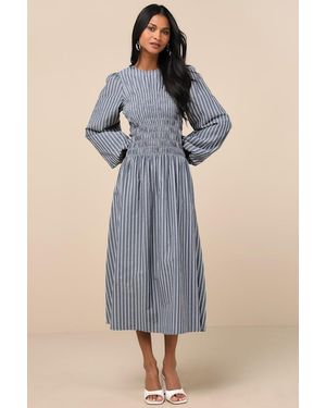 Extro & Vert Ayla Striped Smocked Blouson Sleeve Midi Dress - Blue