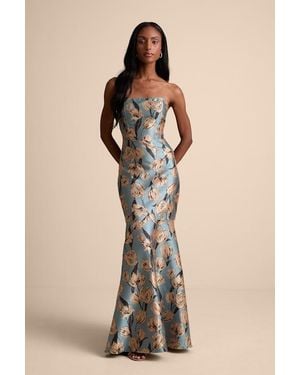 laurelin black floral jacquard pleated strapless maxi dress Baltic Born Womens Chantelle Strapless Maxi Dress | Black + White Floral