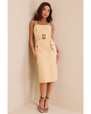 Steve Madden Adley Belted Sleeveless Bustier Buckle Midi Dress - Natural