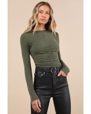 Lulus Casual Energy Ruched Long Sleeve Crew Neck Top - Green