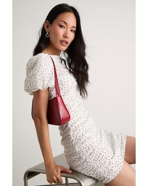 Lulus Claritza Polka Dot Ruched Puff Sleeve Mini Dress - White