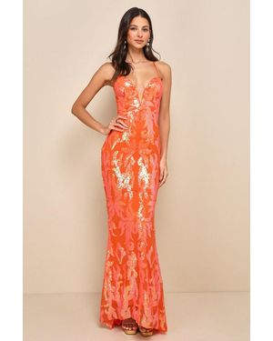 Lulus Glittering Sensation Iridescent Sequin Lace-Up Maxi Dress - Orange