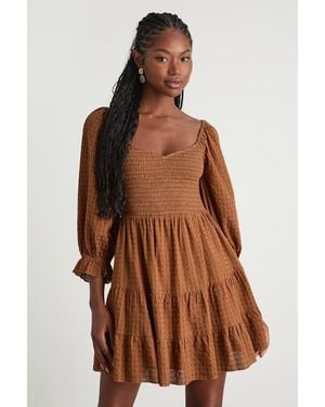 Lulus Charming Afternoon Gingham Balloon Sleeve Mini Dress - Brown