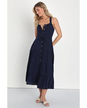 Lulus See The City Button-Front Tiered Midi Dress - Blue