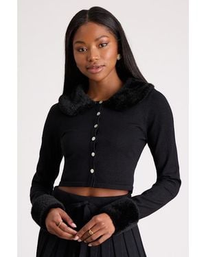Lulus Layden Faux Fur Collared Cardigan - Black
