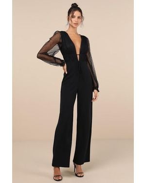 Lulus Sweet Twist Swiss Dot Tulle Long Sleeve Jumpsuit - Black
