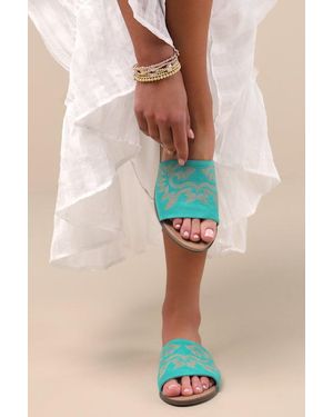 Dingo Lasso Suede Leather Embroidered Slide Sandals - Blue