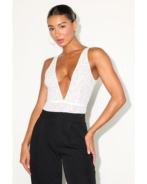 Lulus Lumini Lace Rhinestone Sleeveless Plunge Bodysuit - White