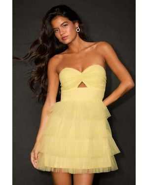 Lulus Sapphira Tulle Tiered Cutout Mini Dress - Yellow