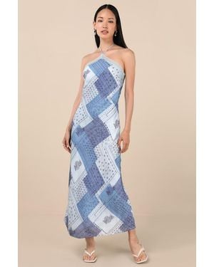 Lulus Ellira Patchwork And Paisley Print Halter Maxi Dress - Blue