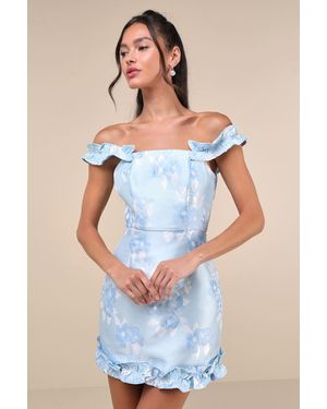 Lulus Pop The Bottle Floral Jacquard Ruffled Mini Dress - Blue