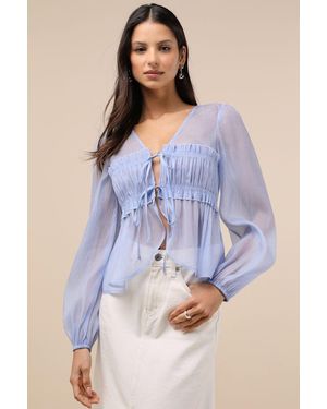 Lulus Kyler Sheer Tie-Front Long Sleeve Top - Blue
