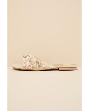 Dolce Vita Lizza Oatmeal Raffia Beaded Slide Sandals - Natural