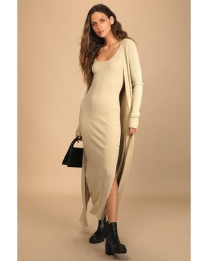 Lulus Layer Lover Ribbed Knit Two-Piece Dress & Cardigan Set - Natural