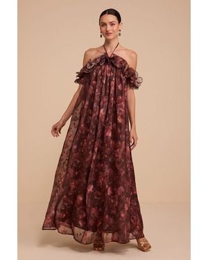 Lulus Amia Floral Burnout Ruffled Shift Maxi Dress - Red