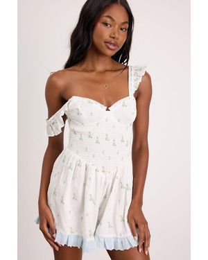 Lulus Colbie Floral Swiss Dot Bustier Romper - White