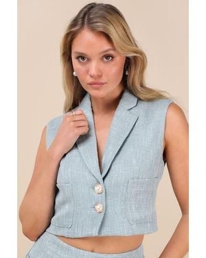Lulus Perfect Company Tweed Sleeveless Cropped Blazer - Blue