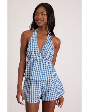 Lulus Kelsey Gingham Cherry High-Rise Shorts - Blue