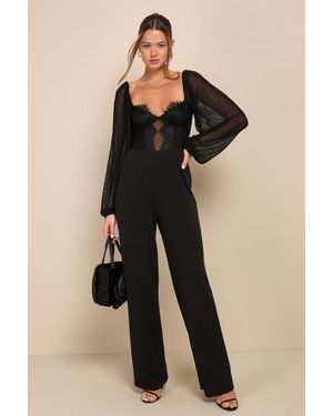 Lulus Instant Attraction Mesh Lace Long Sleeve Bustier Jumpsuit - Black