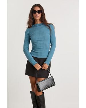 Lulus Charmed Vibes Ribbed Lettuce Edge Long Sleeve Top - Blue
