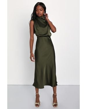 Lulus Distinctive Charm Satin Asymmetrical Midi Dress - Brown