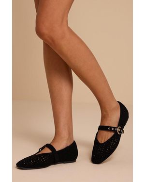 Lulus Nanette Eyelet Buckle Ballet Flats - Black